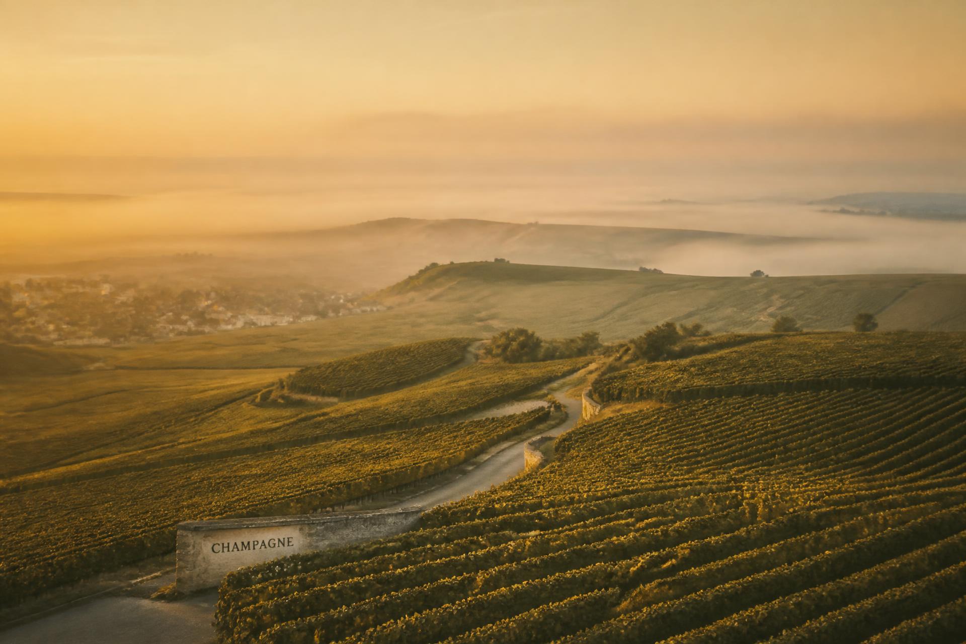 Rolling Champagne vineyards at first light