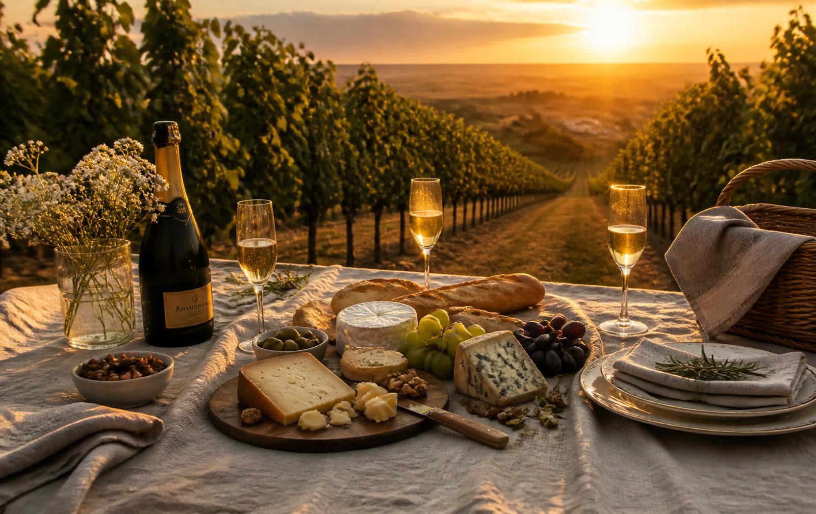 Gourmet picnic laid out among the vines at sunset